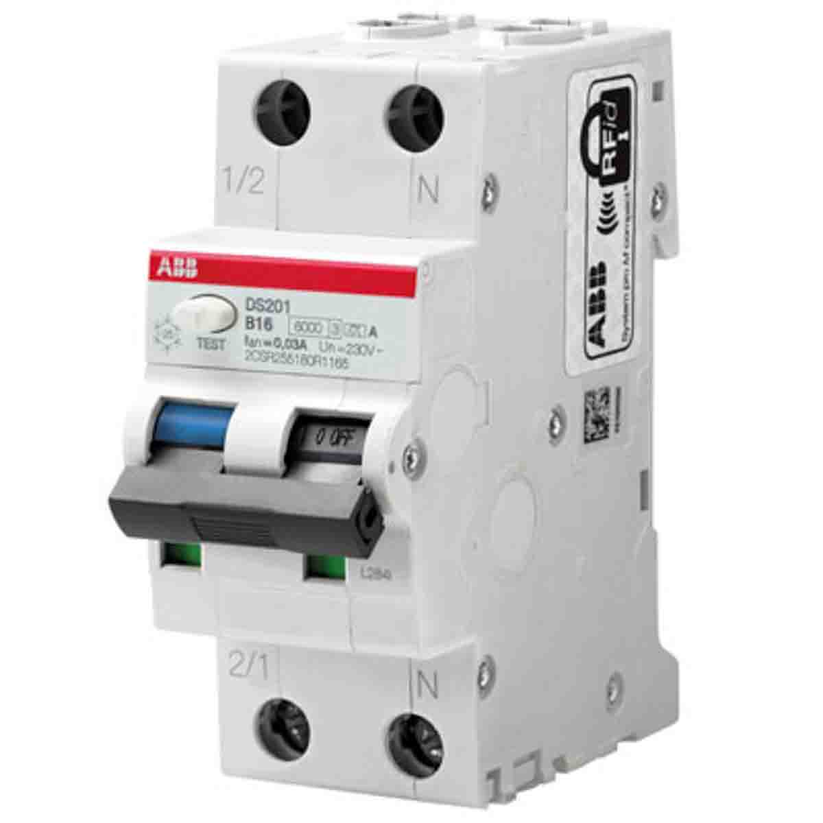 ABB Residual Current Circuit Breaker with Overload Protection, 16A Current Rating, 2-Pole, 10 mA Trip Sensitivity, Type