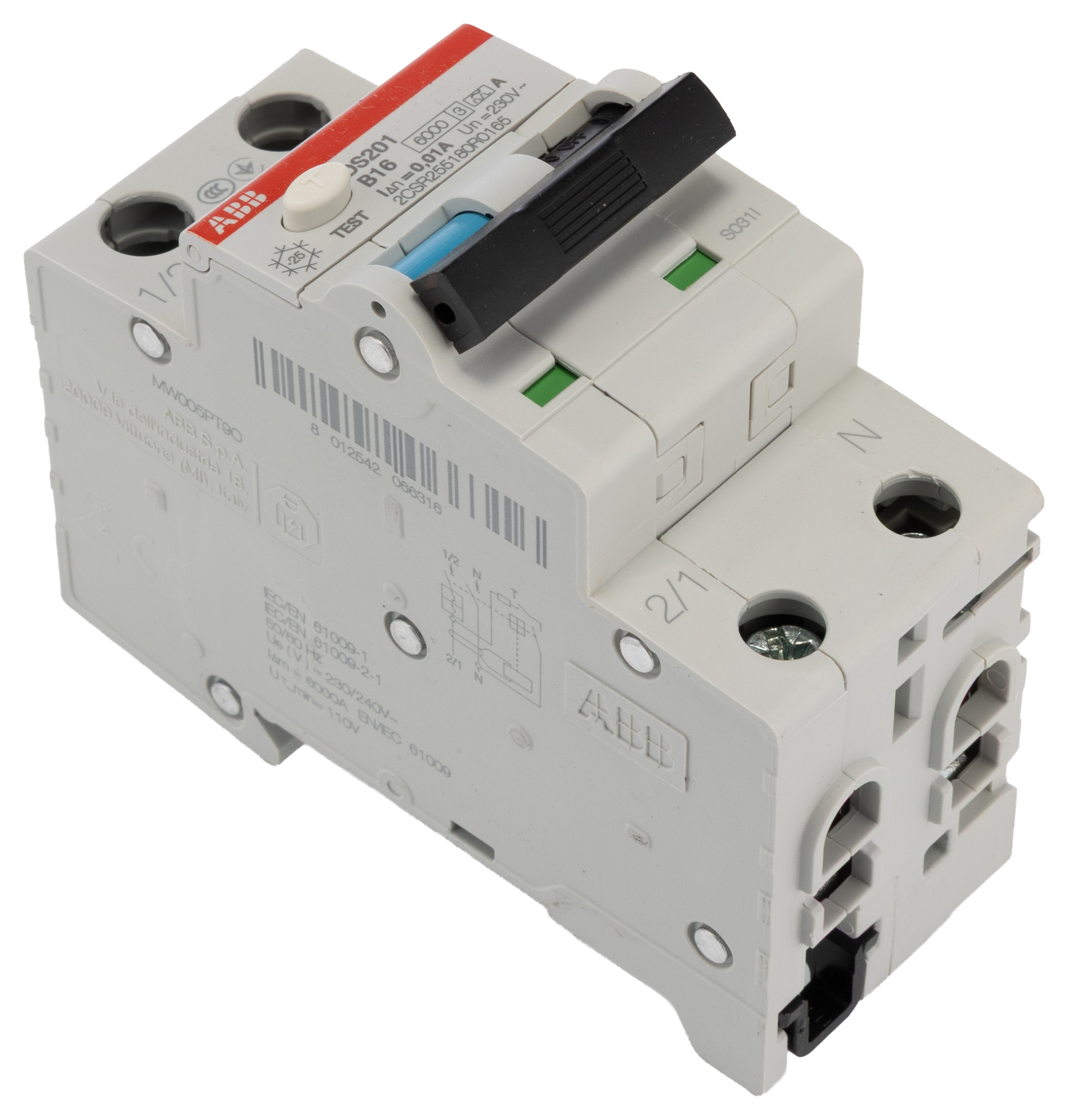 2csr255180r0165 ABB Residual Current Circuit Breaker with Overload Protection, 16A Current Rating, 2-Pole, 10 mA Trip Sensitivity, Type