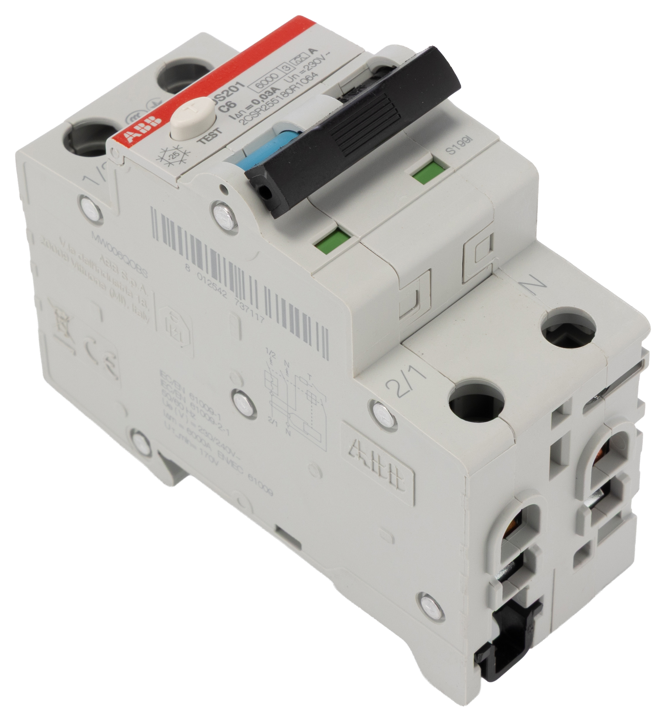 ABB Residual Current Circuit Breaker with Overload Protection, 6A Current Rating, 2-Pole, 30 mA Trip Sensitivity, Type