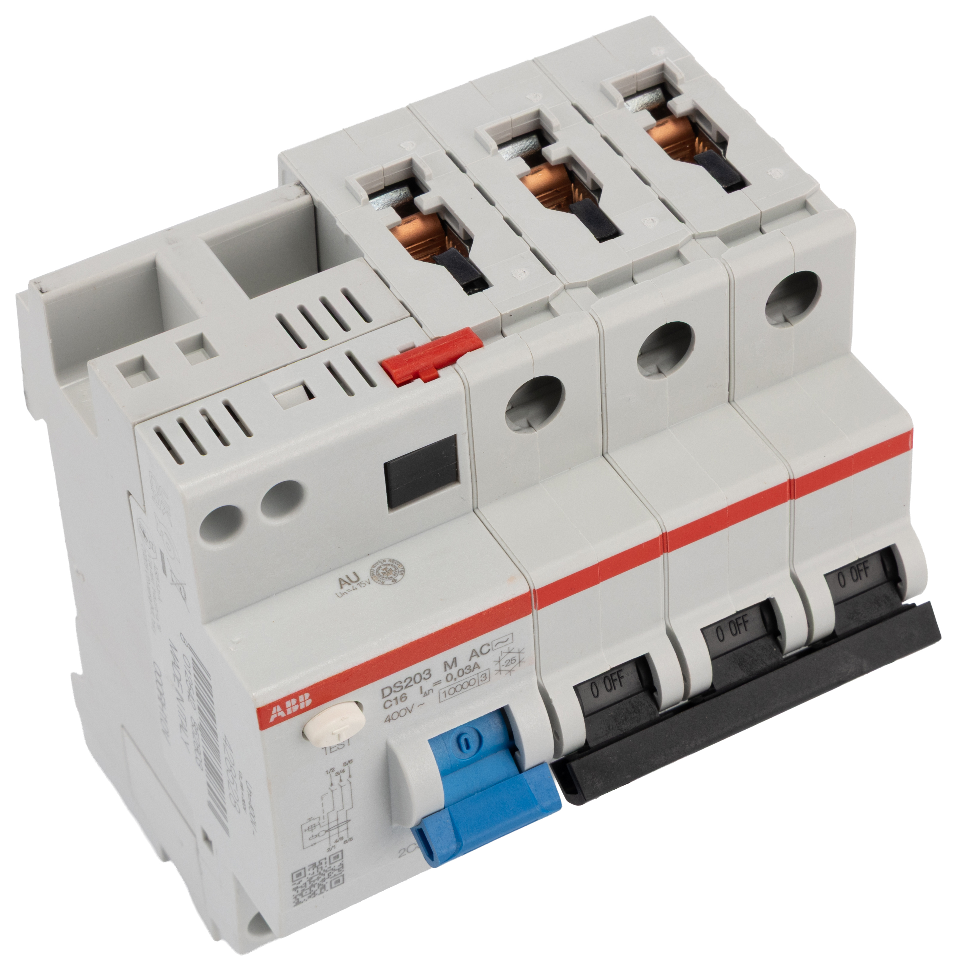 ABB Residual Current Circuit Breaker with Overload Protection, 16A Current Rating, 3-Pole, 30 mA Trip Sensitivity, Type