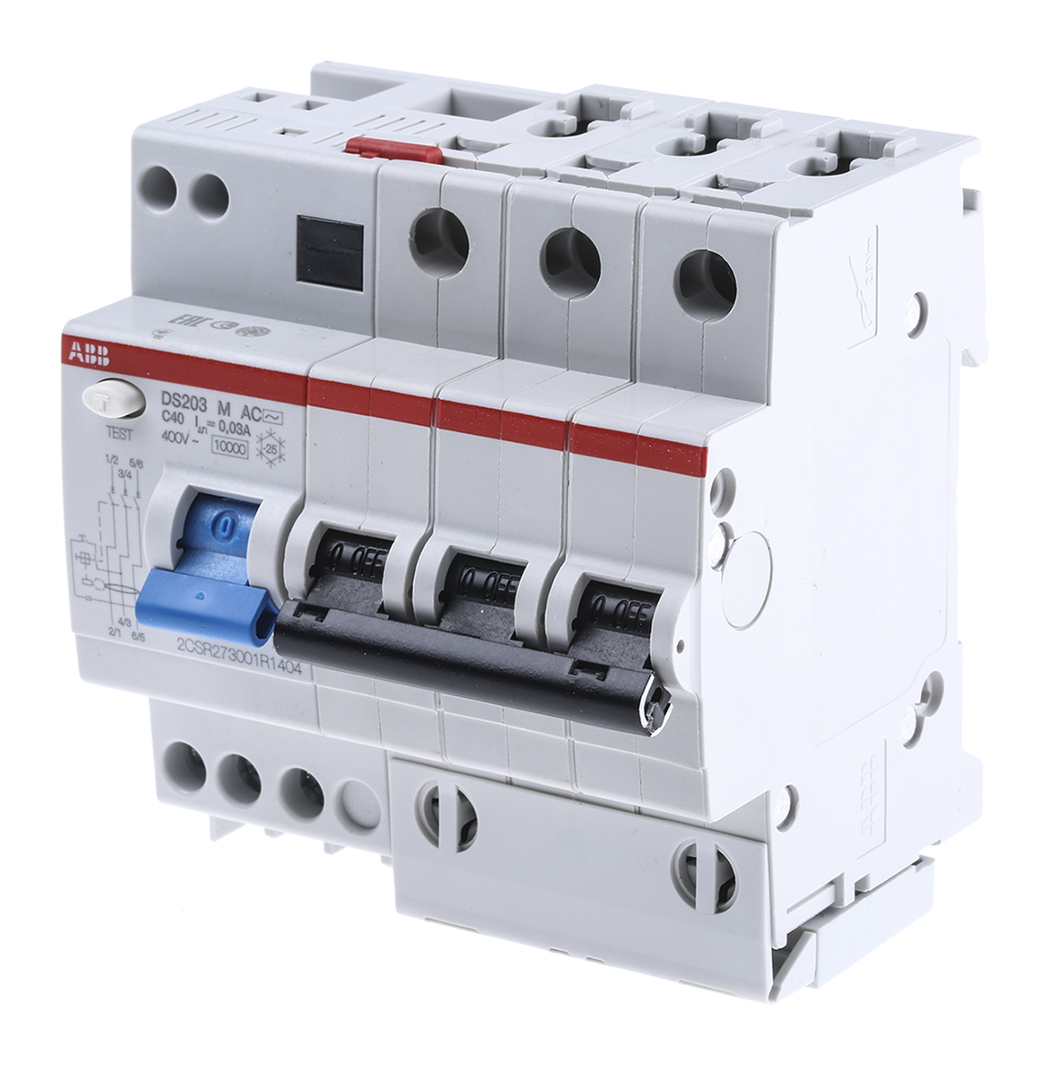 ABB Residual Current Circuit Breaker with Overload Protection, 40A Current Rating, 3-Pole, 30 mA Trip Sensitivity, Type