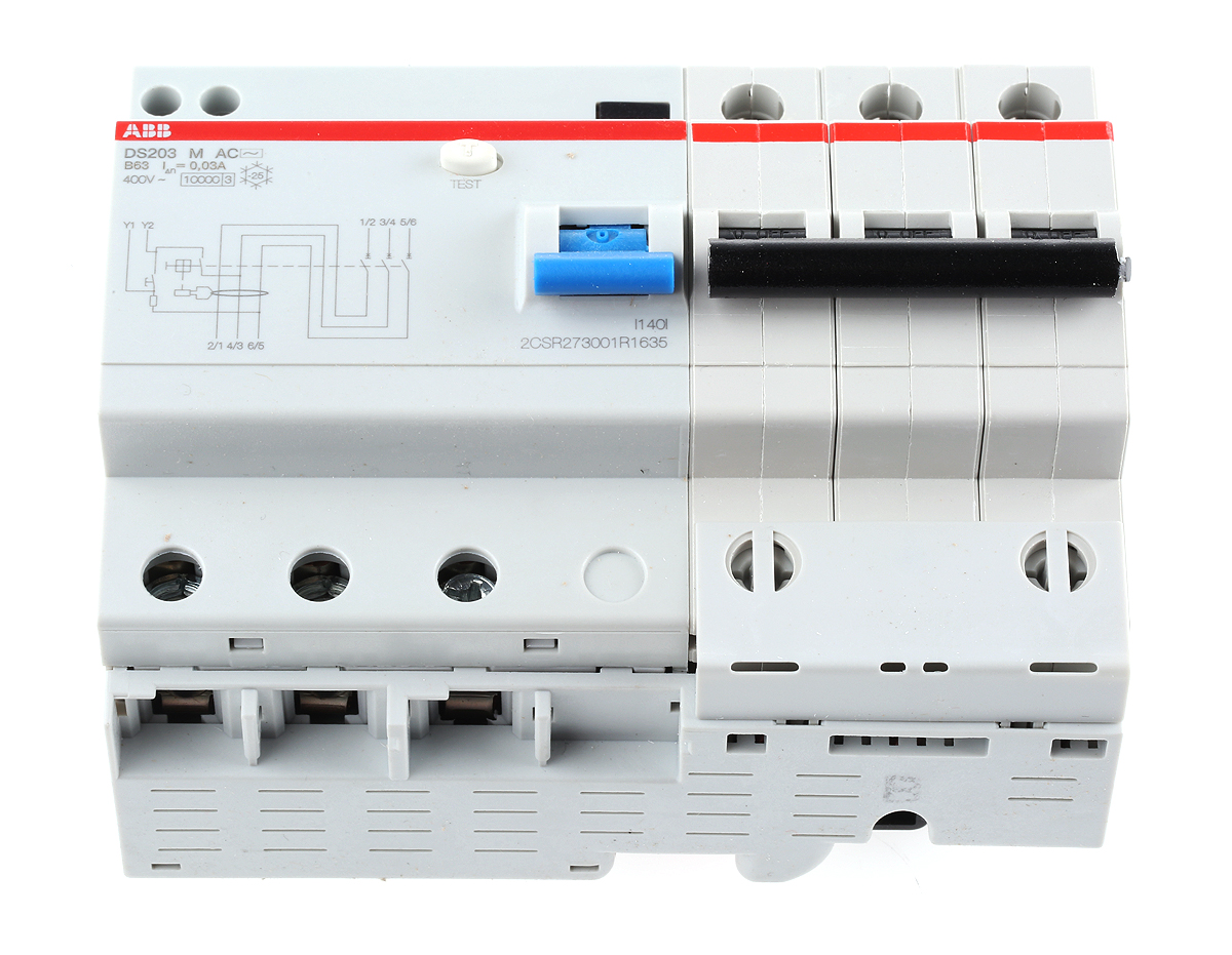 ABB Residual Current Circuit Breaker with Overload Protection, 63A Current Rating, 3-Pole, 30 mA Trip Sensitivity, Type