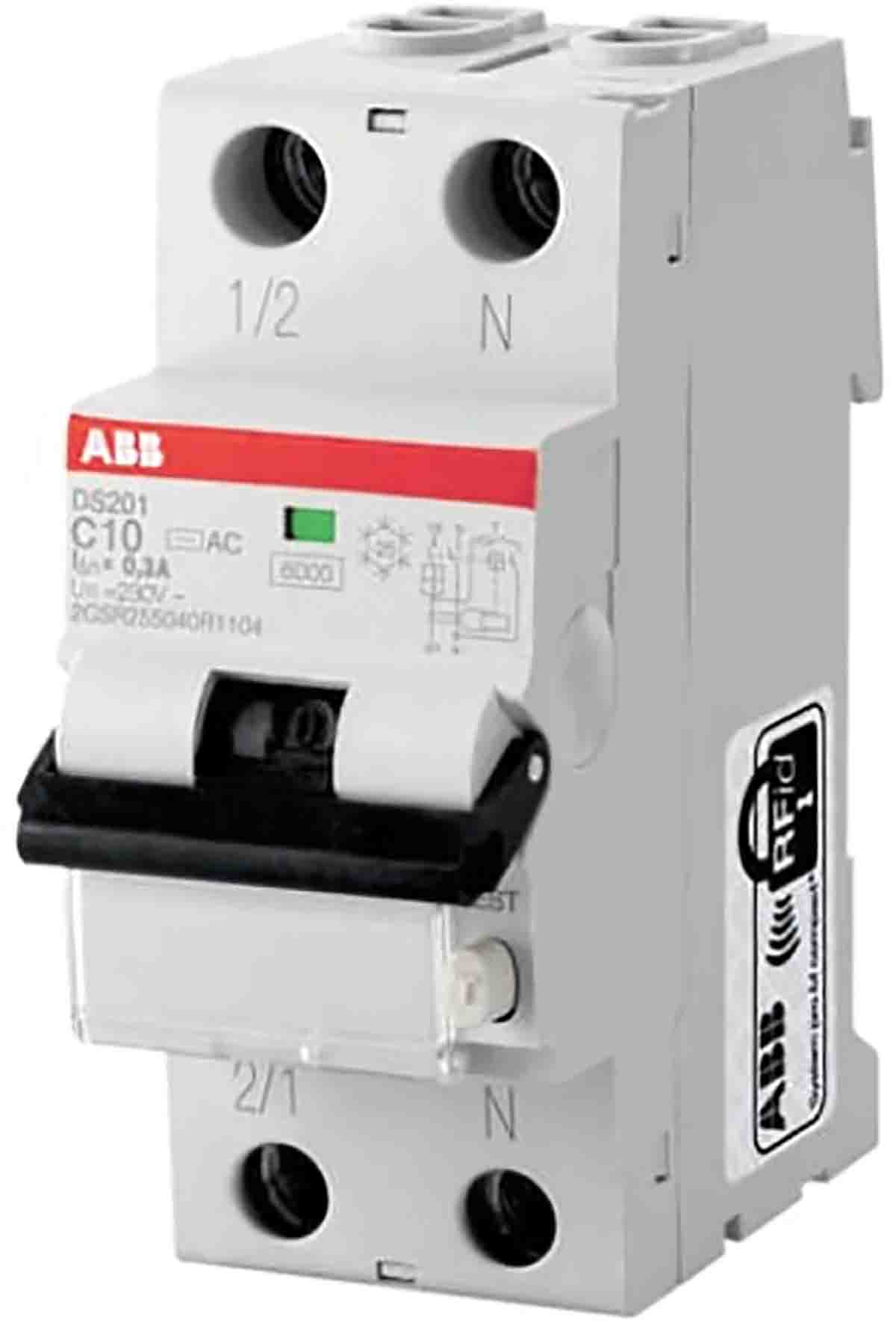 ABB Residual Current Circuit Breaker with Overload Protection, 16A Current Rating, 1-Pole, 10 mA Trip Sensitivity, Type