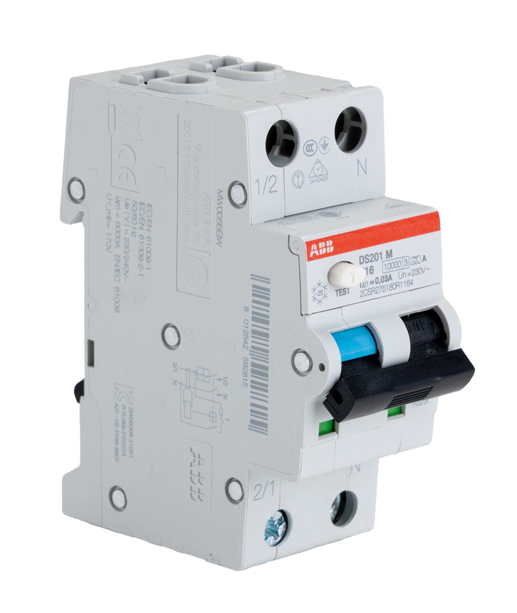 ABB Residual Current Circuit Breaker with Overload Protection, 16A Current Rating, 2-Pole, 30 mA Trip Sensitivity, Type