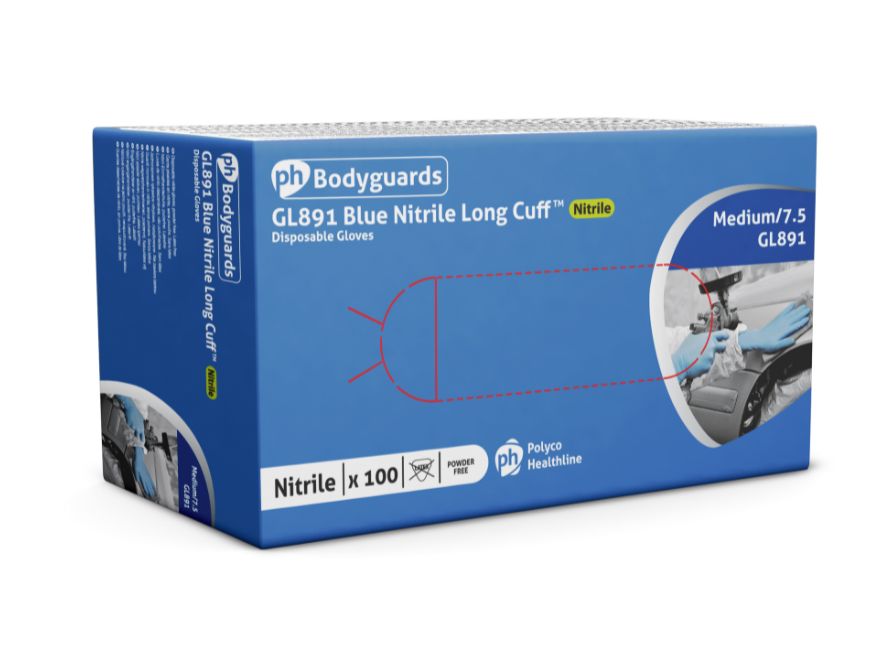 gl8913 Polyco Healthline Blue Powder-Free Nitrile Disposable Gloves, Size L, 100 per Pack