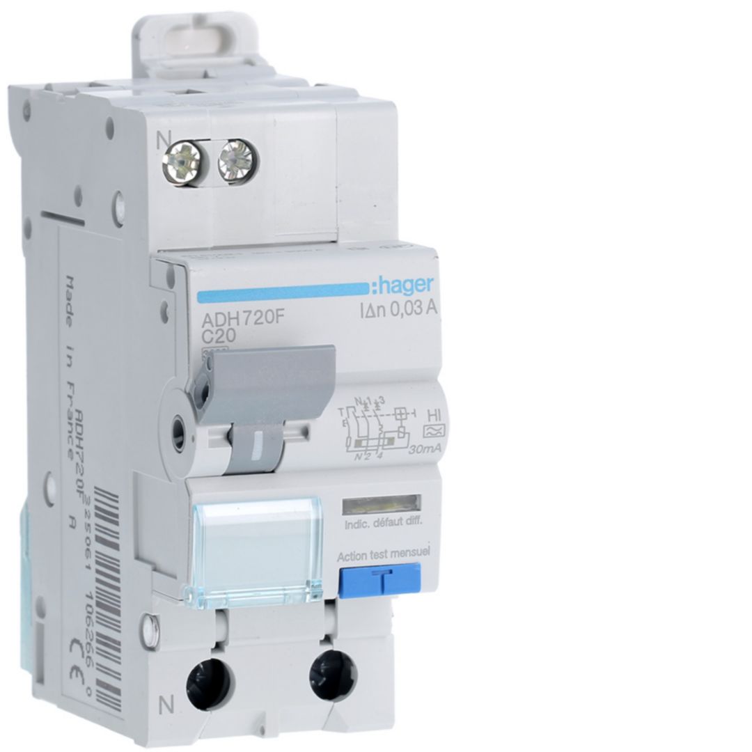 Hager RCBO, 20A Current Rating, 1P+N Poles, 30mA Trip Sensitivity, Type A