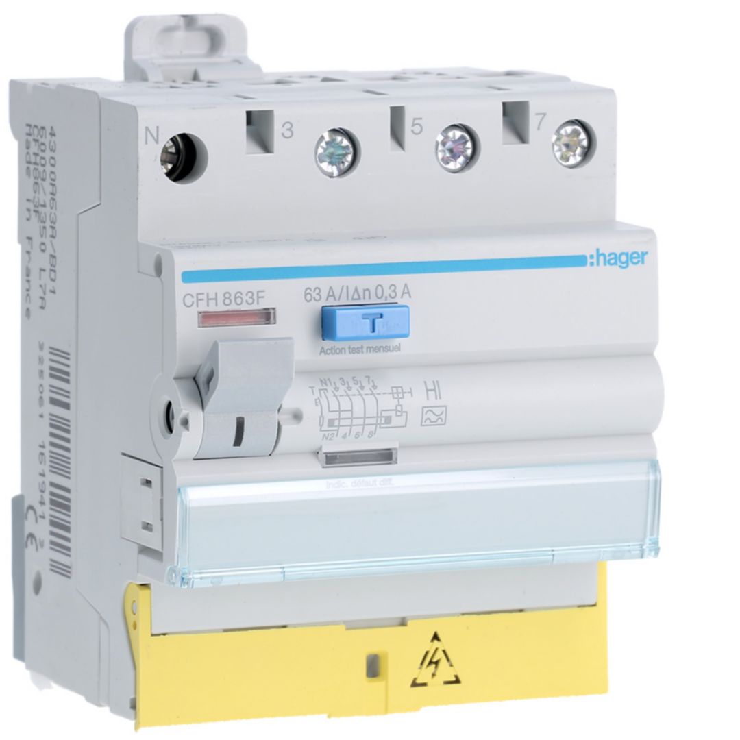 Hager CFH RCCB, 63A, 3P+N Pole, 300mA, Type A-HI, 230 → 400V ac