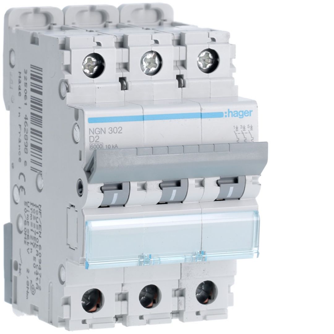 Hager Hager NGN Circuit Breaker, 3P, 2A Curve D, 400V AC, 10 kA Breaking Capacity