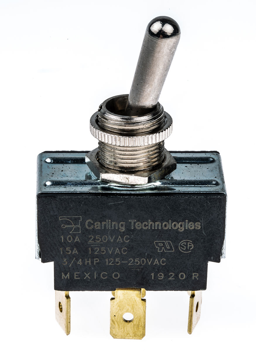 Carling Technologies Toggle Switch, Panel Mount, On-Off-On, DPDT, Tab Terminal, 250 V ac