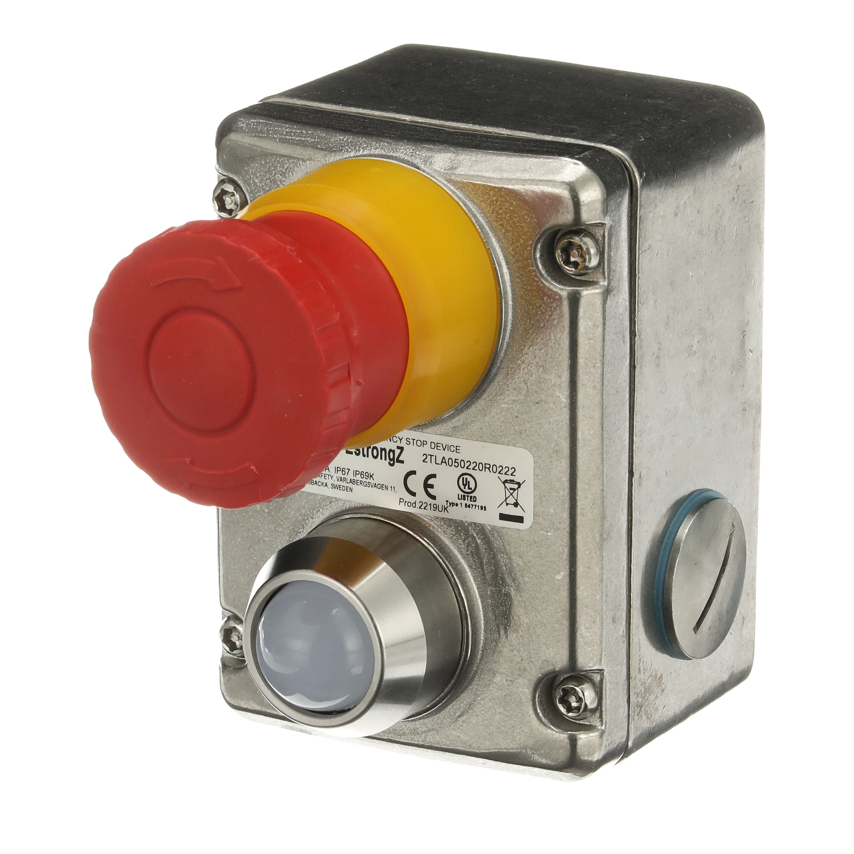 2tla050220r0222 ABB EstrongZ LED Series Turn Release Illuminated Emergency Stop Push Button, Surface Mount, 2 NO/2 NC, IP69K