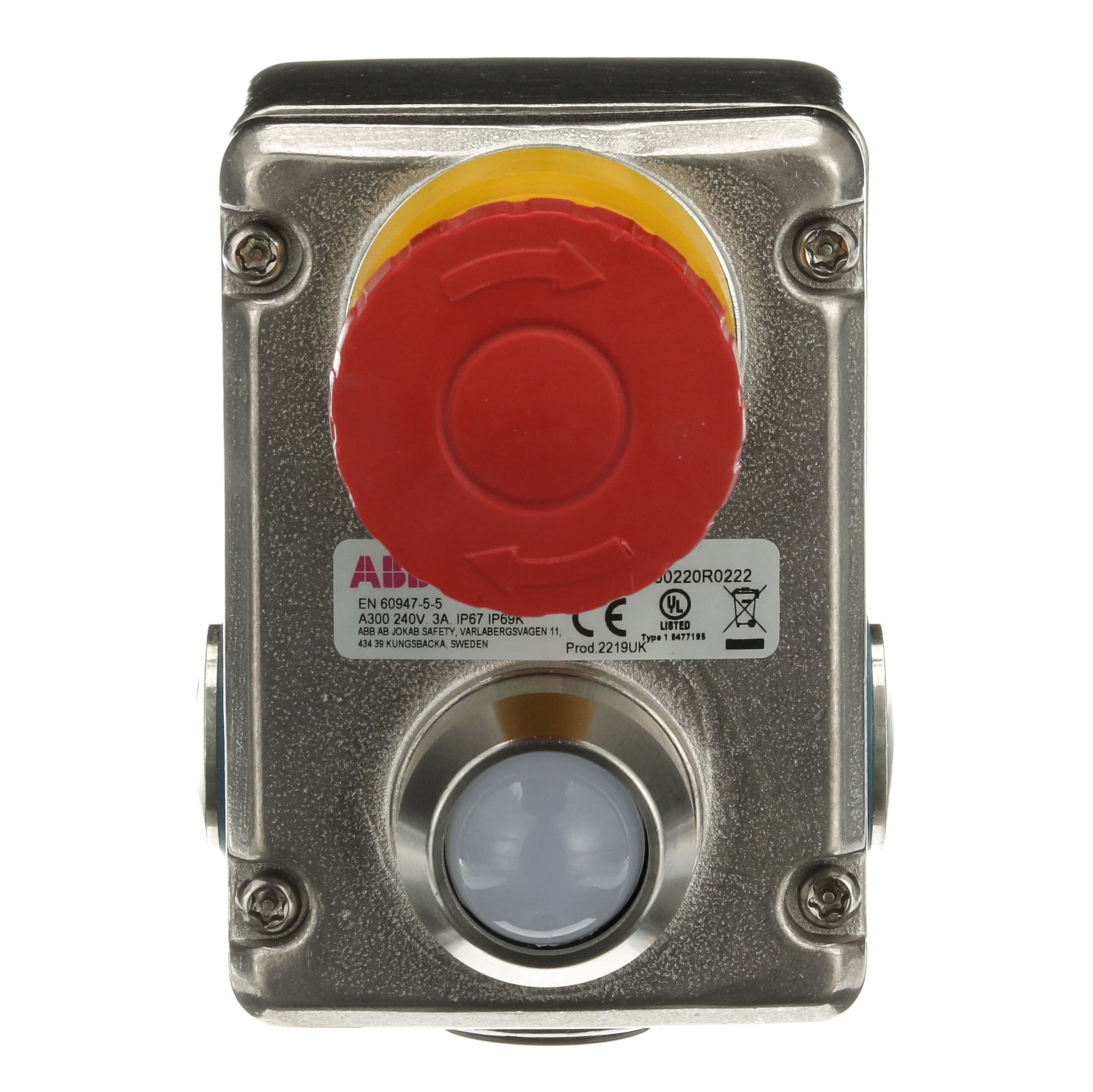 2tla050220r0222 ABB EstrongZ LED Series Turn Release Illuminated Emergency Stop Push Button, Surface Mount, 2 NO/2 NC, IP69K