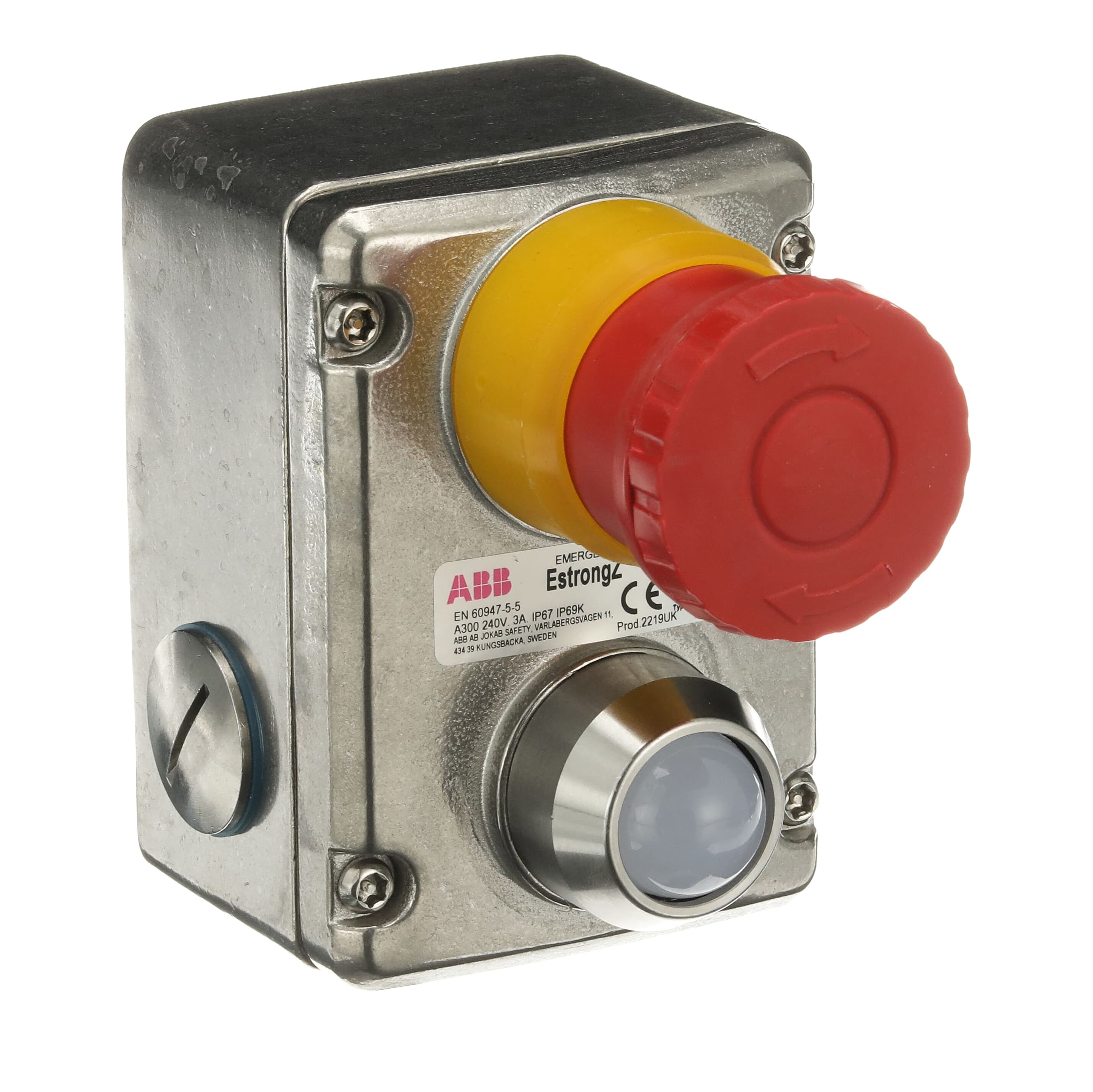 ABB EstrongZ LED Series Turn Release Illuminated Emergency Stop Push Button, Surface Mount, 2 NO/2 NC, IP69K