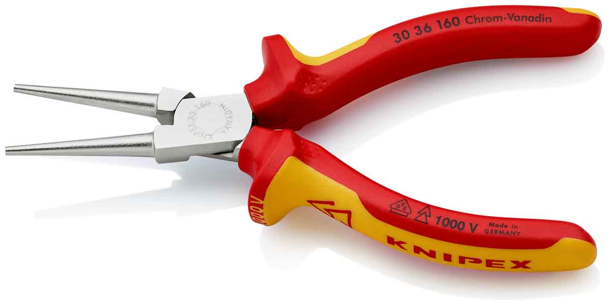 30-36-160 Knipex 1-Piece Round Nose Plier, 160 mm Overall Round VDE/1000V Approved, 41mm Jaw
