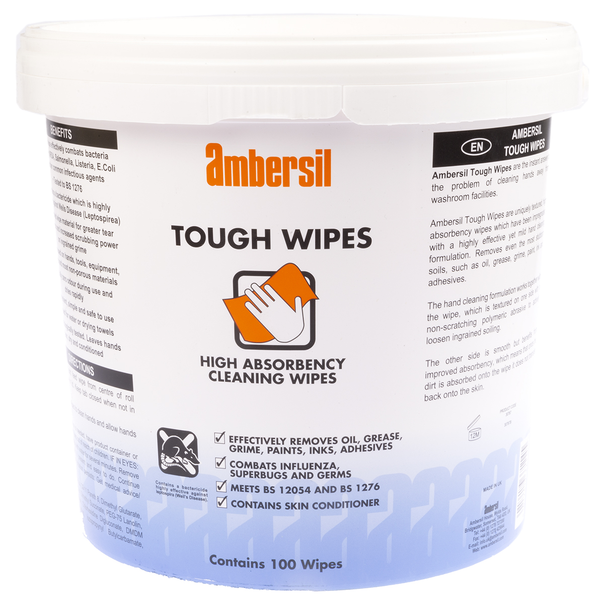 Ambersil TOUGH WIPES Wet Hand Wipes, Bucket of, 266 x 280 mm 100 Per Pack