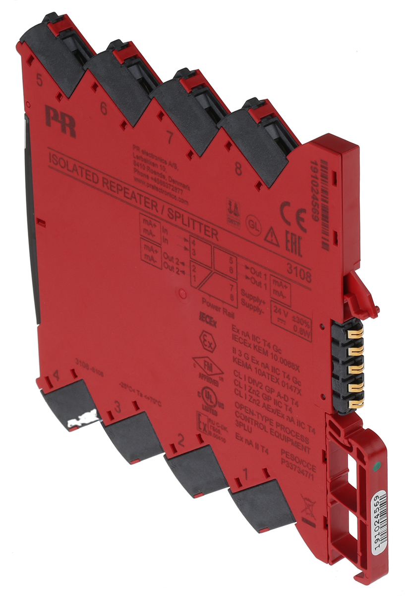3108 PR Electronics 3100 Series Isolating Signal Converter, Current Input, Current Output, 16.8V dc, 31.2 V dc Supply, ATEX