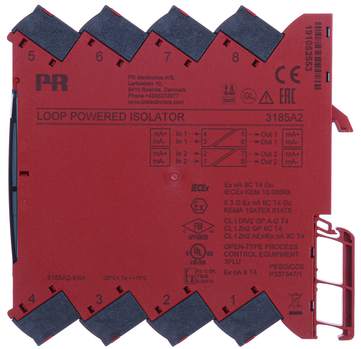 3185a2 PR Electronics 3100 Series Loop Powered Isolator, Current Input, Current Output, ATEX