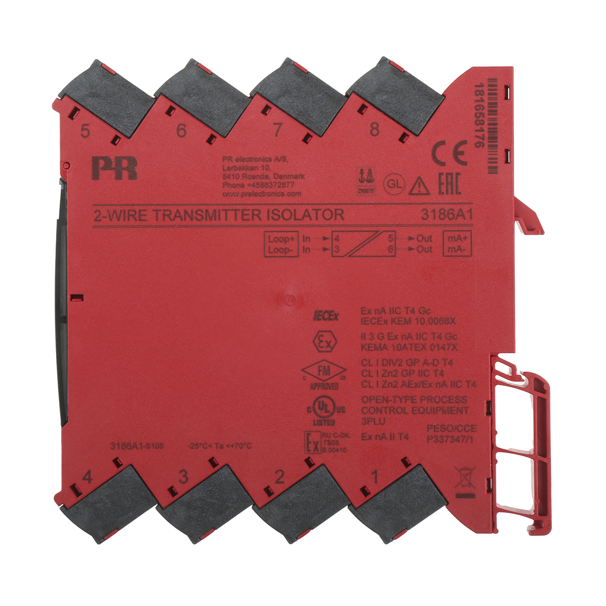 3186a1 PR Electronics 3100 Series Current Isolator, Current Input, Current Output, 35V dc, 6 V dc Supply, ATEX