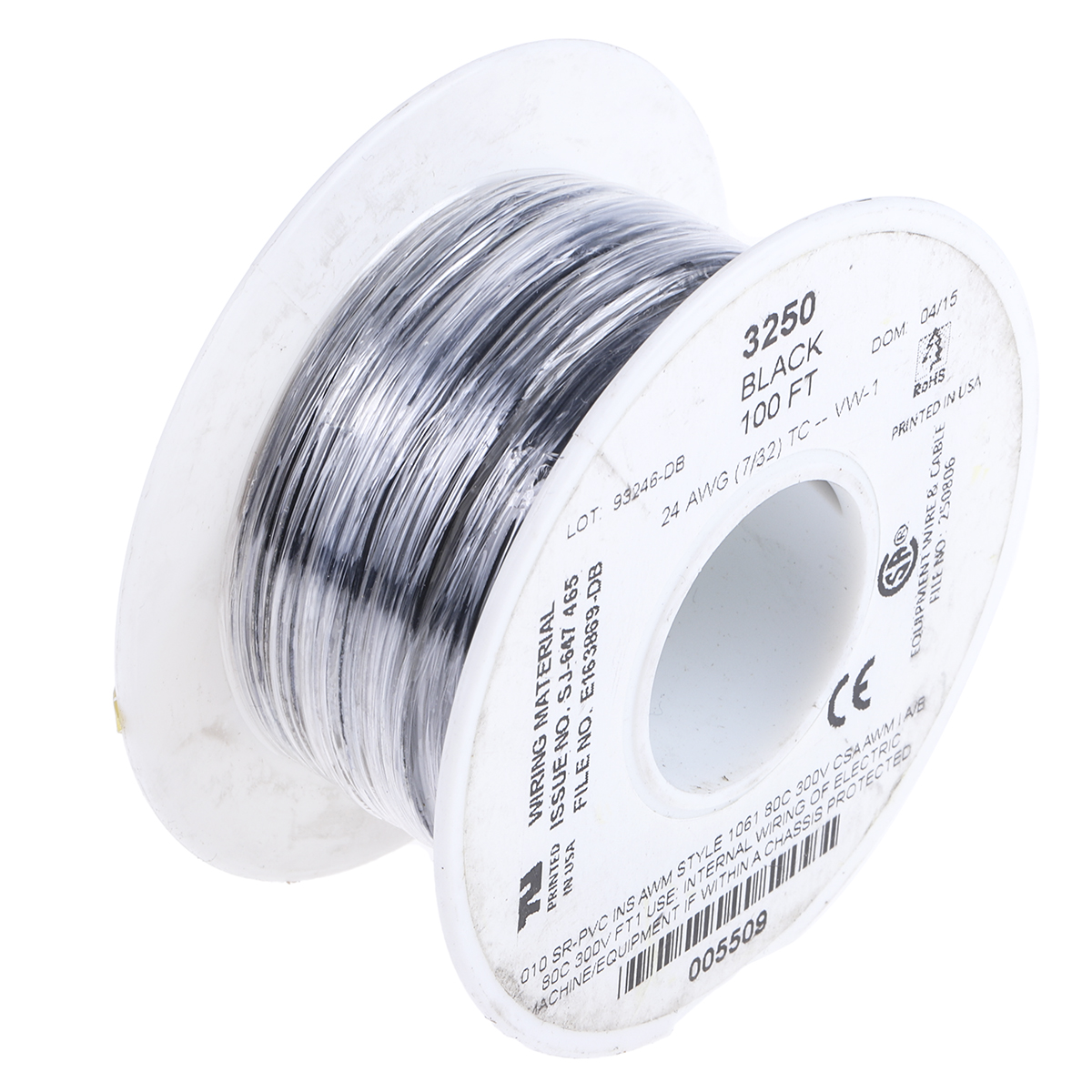 3250-bk005 Alpha Wire Hookup Wire PVC Series Black Hook Up Wire, 24 AWG, 7, 30 m, Polyvinyl Chloride, 3250 BK005