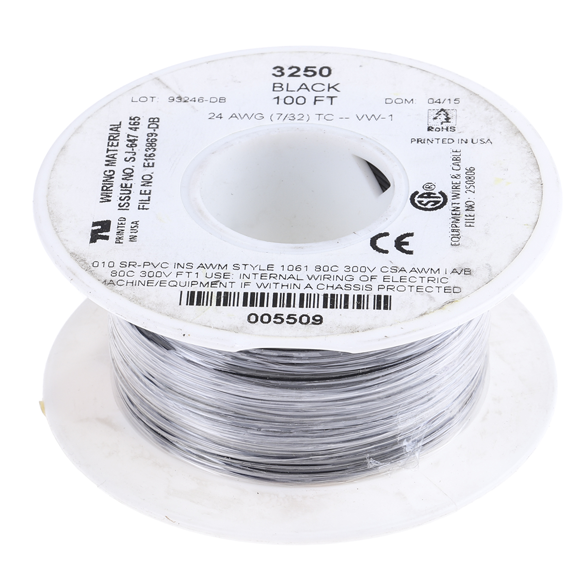 3250-bk005 Alpha Wire Hookup Wire PVC Series Black Hook Up Wire, 24 AWG, 7, 30 m, Polyvinyl Chloride, 3250 BK005
