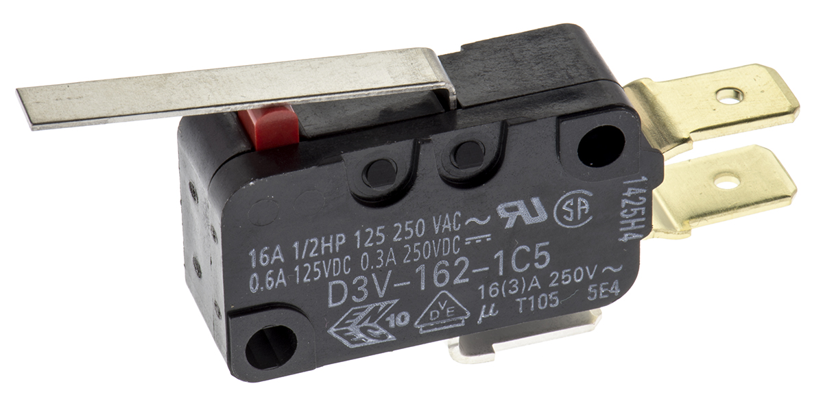 d3v-162-1c5 Omron Hinge Lever Micro Switch, Tab Terminal, 16A, 250 V ac, SPDT, IP40
