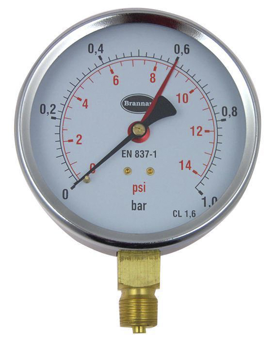 Brannan G 3/8 Type G Pressure Gauge, 100 mm, 1 bar