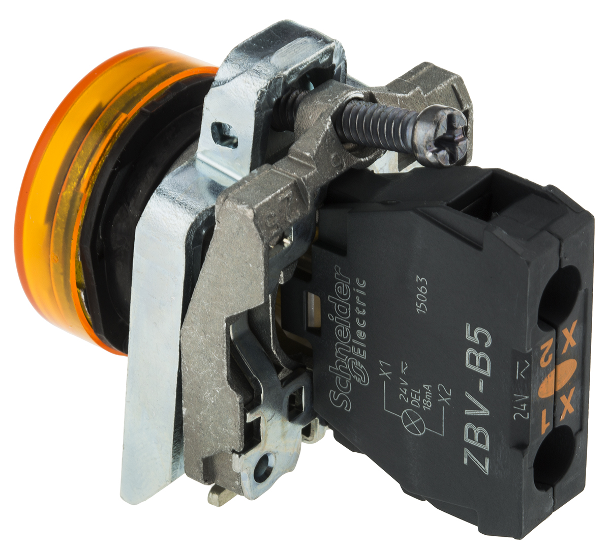 xb4bvb5 Schneider Electric Harmony XB4 Orange LED Pilot Light, 22mm Cutout, IP66, IP67, IP69, IP69K, 24 V ac/dc