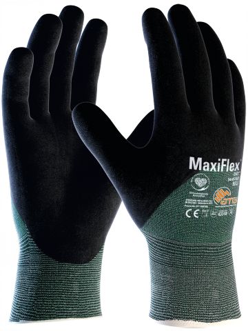 ATG MaxiFlex Cut Black, Green Nylon, Polyester, Spandex, Tungsten, UHMWPE Work Gloves, Size 9, NBR Coating