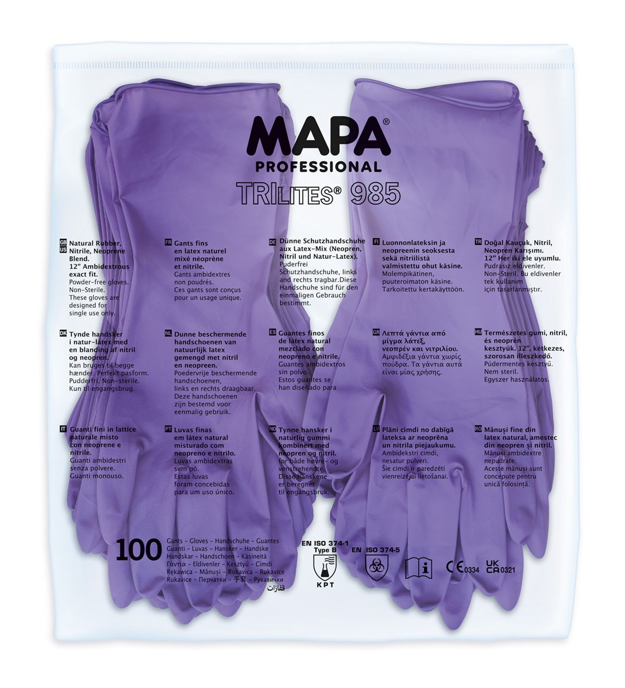 3498502-7 Mapa Purple Latex, Neoprene, Nitrile Disposable Gloves, 100 per Pack