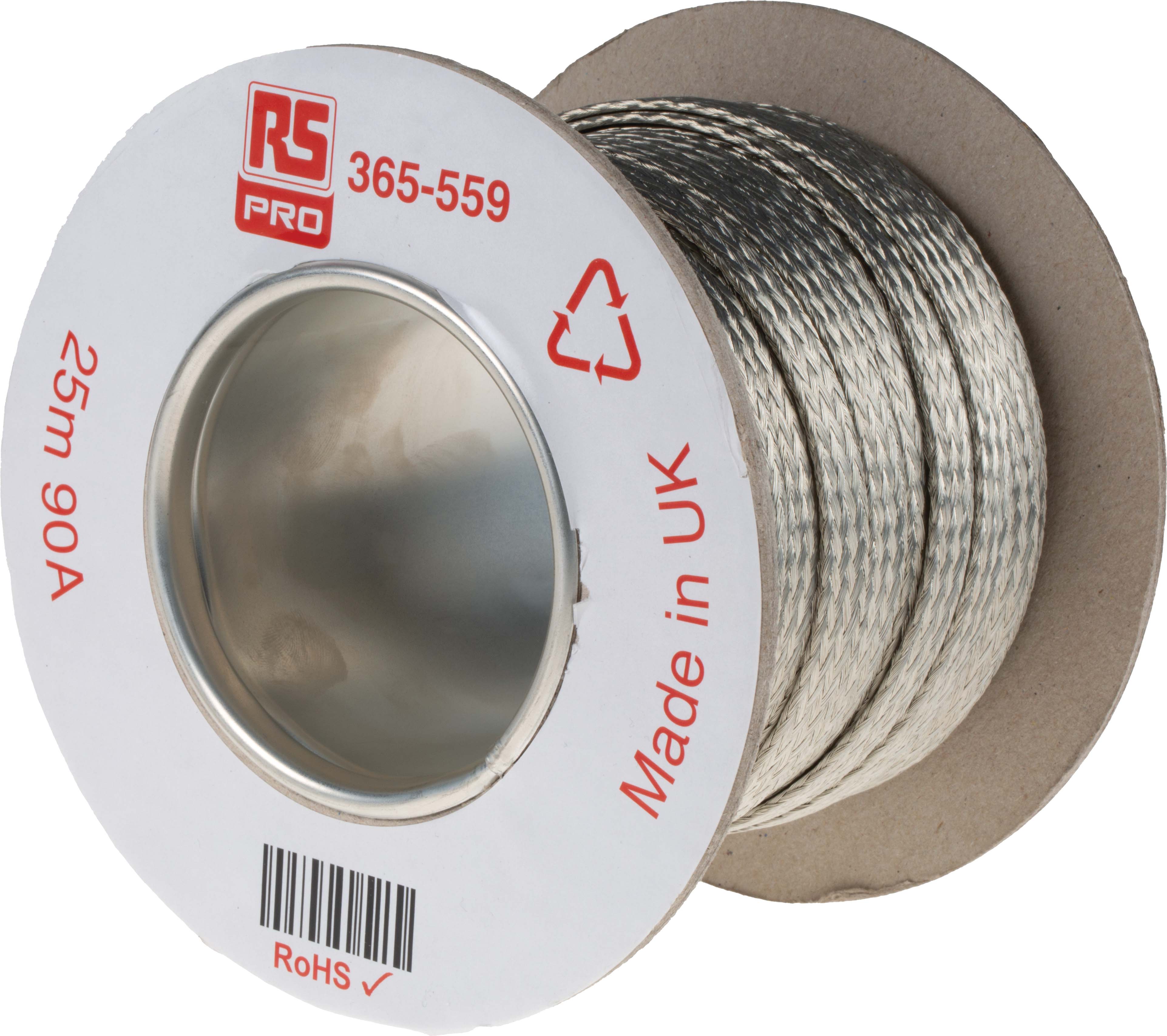 RS PRO Braided Wire, 9.05 mm² CSA 24 x 12 x 0.20 mm 25 m, Tin Copper Wire BS4109
