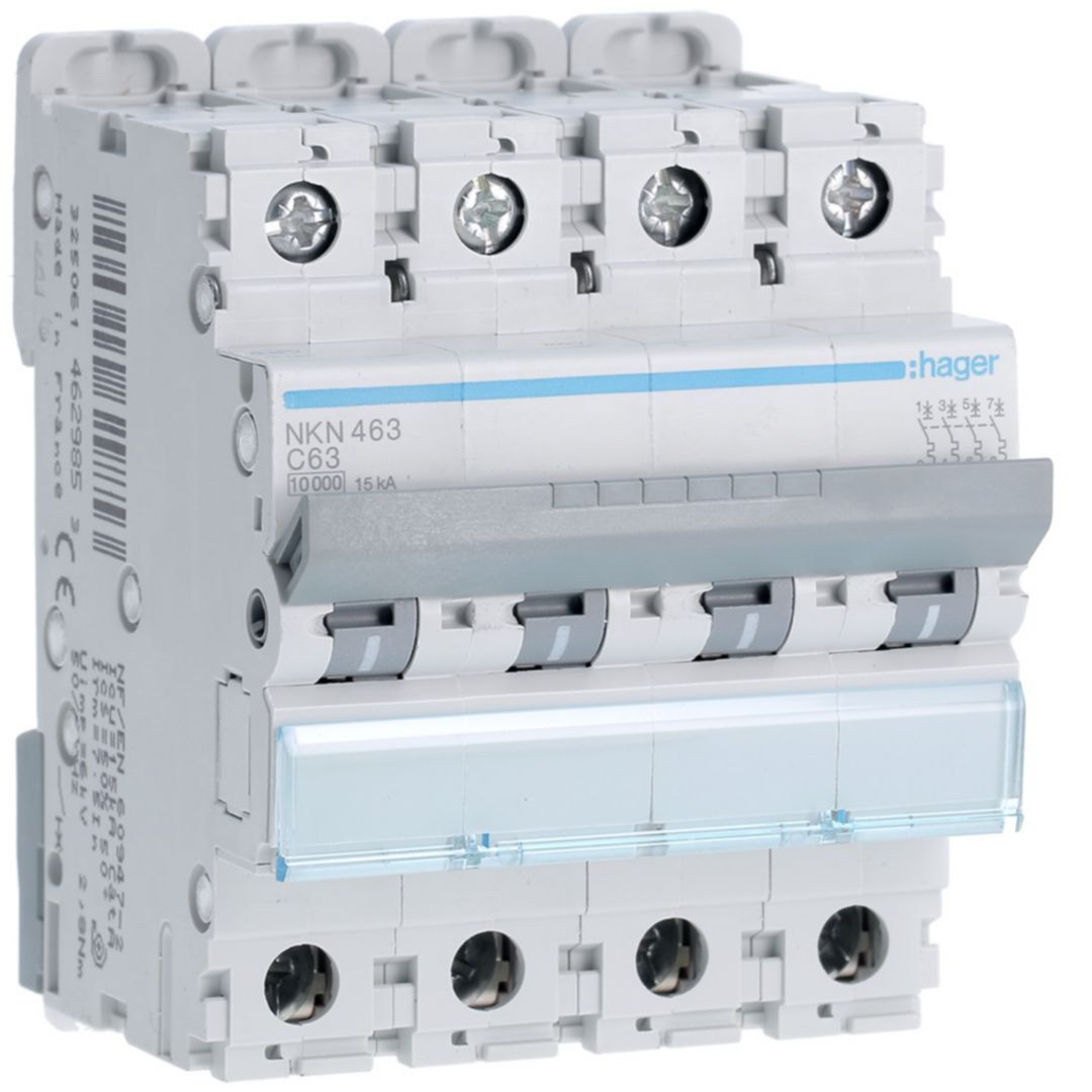 Hager Hager NKN Circuit Breaker, 4P, 63A Curve C, 400V AC, 15 kA Breaking Capacity