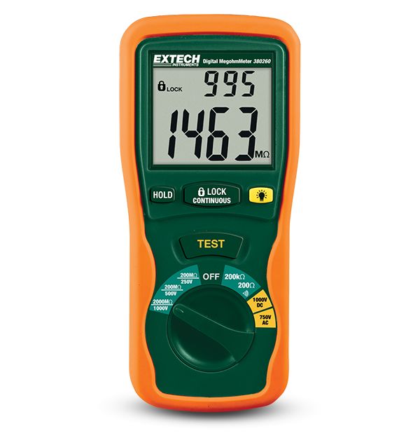 Extech 380260 Insulation Tester, 250 V Min, 100 V Max, 2000 mΩ