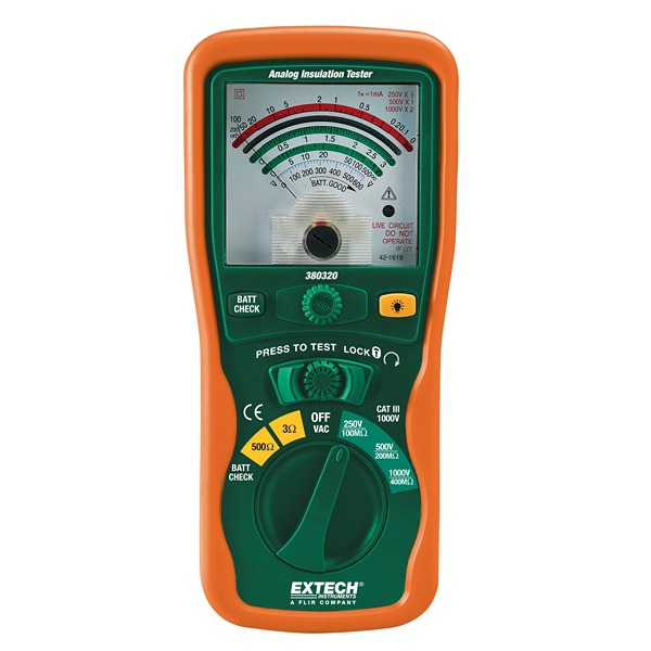 Extech 380320 Insulation Tester, 250 V Min, 1000 V Max, 400 MΩ CAT III