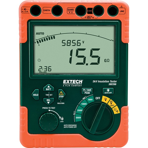 Extech 380396 Insulation Tester, 500 V Min, 5000 V Max, 60 GΩ CAT IV