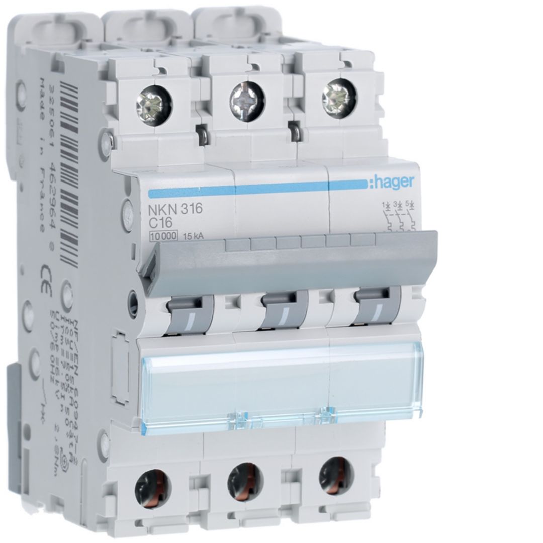Hager Hager NKN Circuit Breaker, 3P, 16A Curve C, 400V AC, 15 kA Breaking Capacity