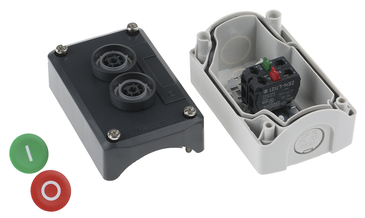 xald213 Schneider Electric Spring Return Enclosed Push Button - 1 NO/1 NC, Polycarbonate, 2 Cutouts, Green, Red, I/O, IP69K,