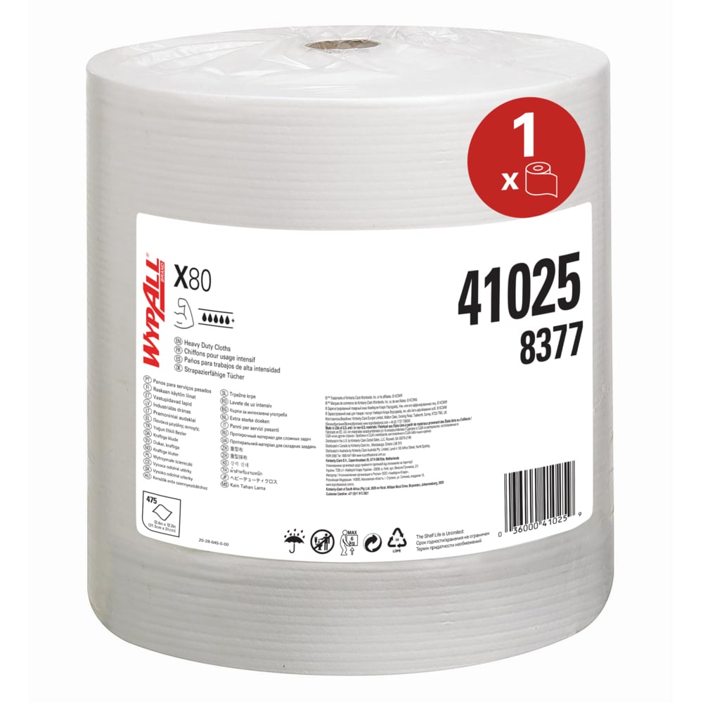 WYPALL X80 Power Clean Heavy Duty Cloths 8377 White Wipes for Hand Cleaning, Dry Use, Roll of 475, 315 x 310mm, Single