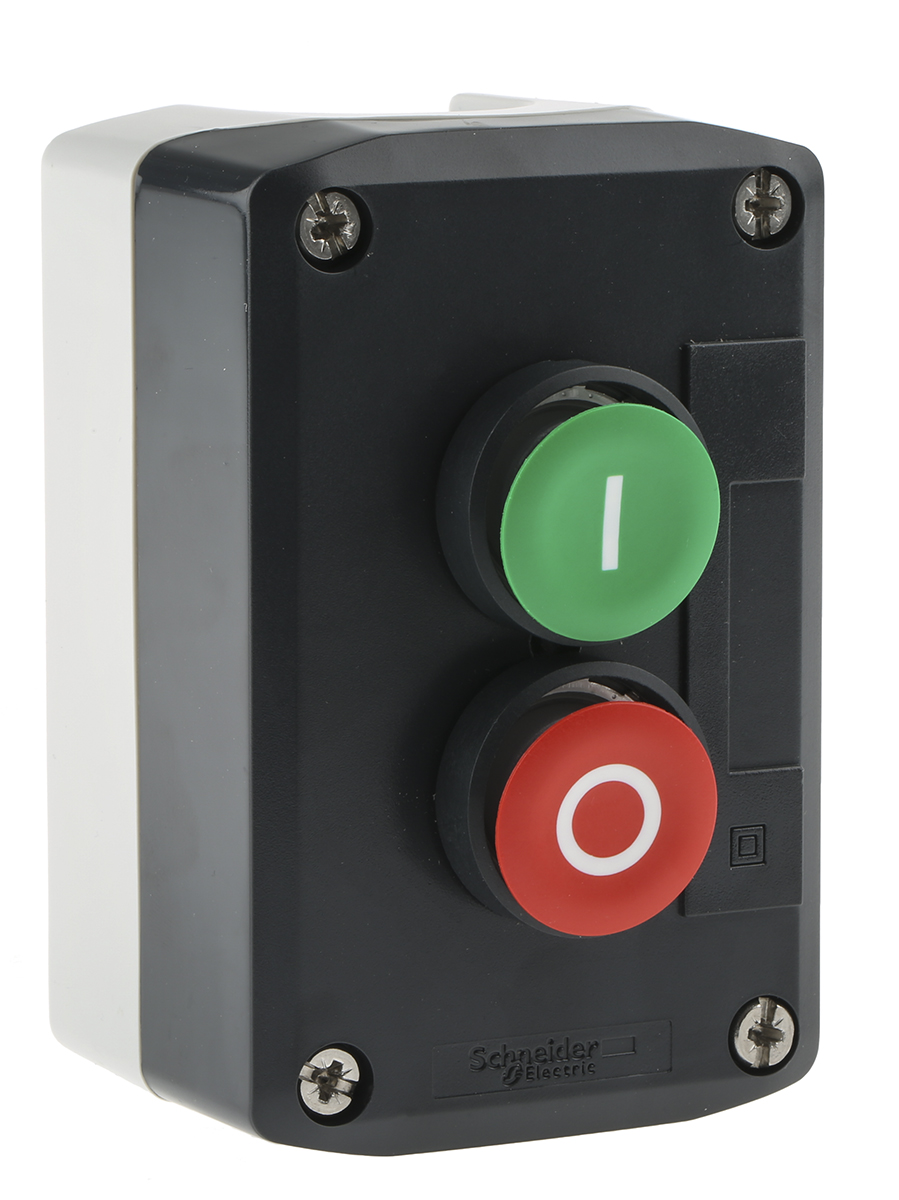 xald213 Schneider Electric Spring Return Enclosed Push Button - 1 NO/1 NC, Polycarbonate, 2 Cutouts, Green, Red, I/O, IP69K,
