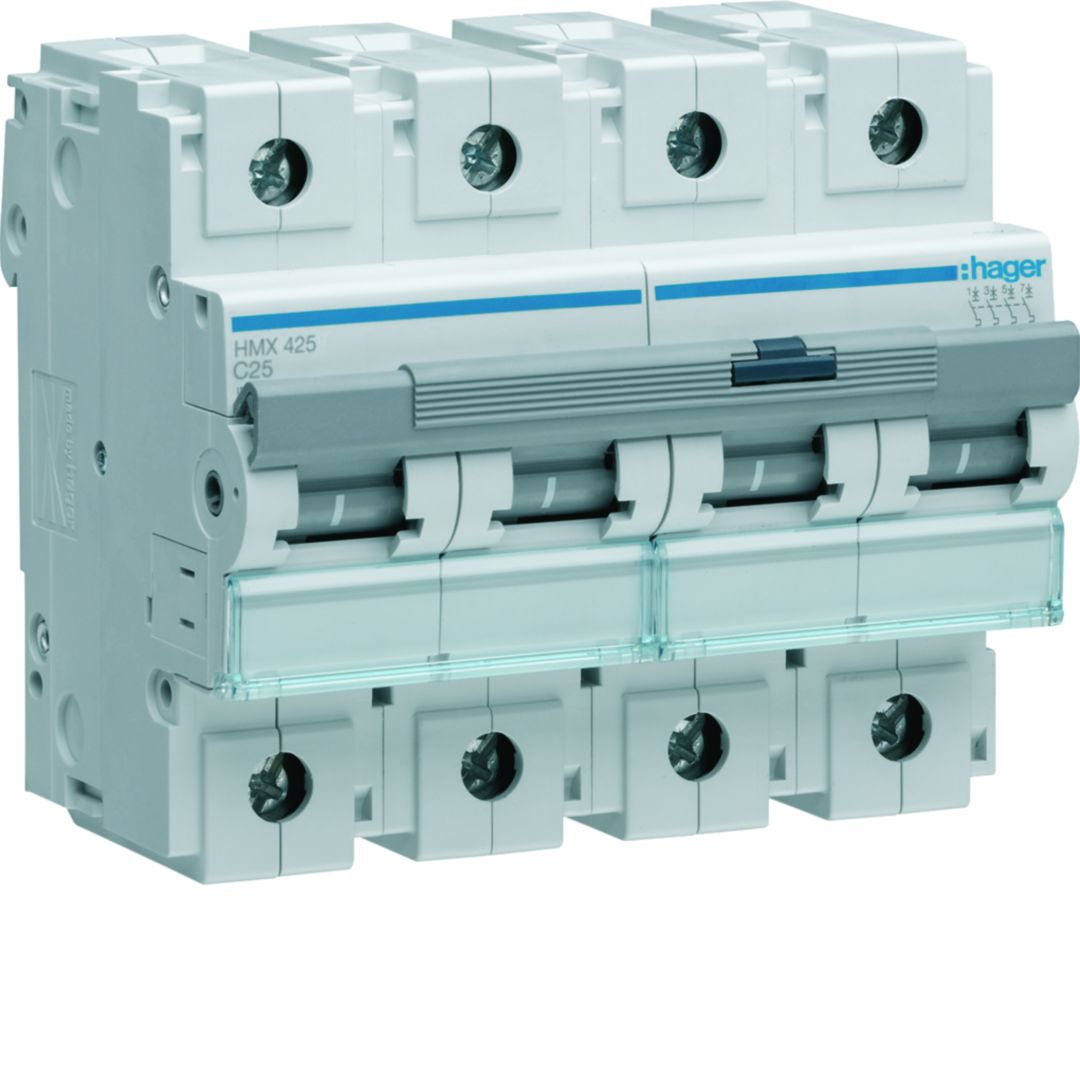 Hager HMX MCB, 4P, 25A, 400V AC, 50 Breaking Capacity
