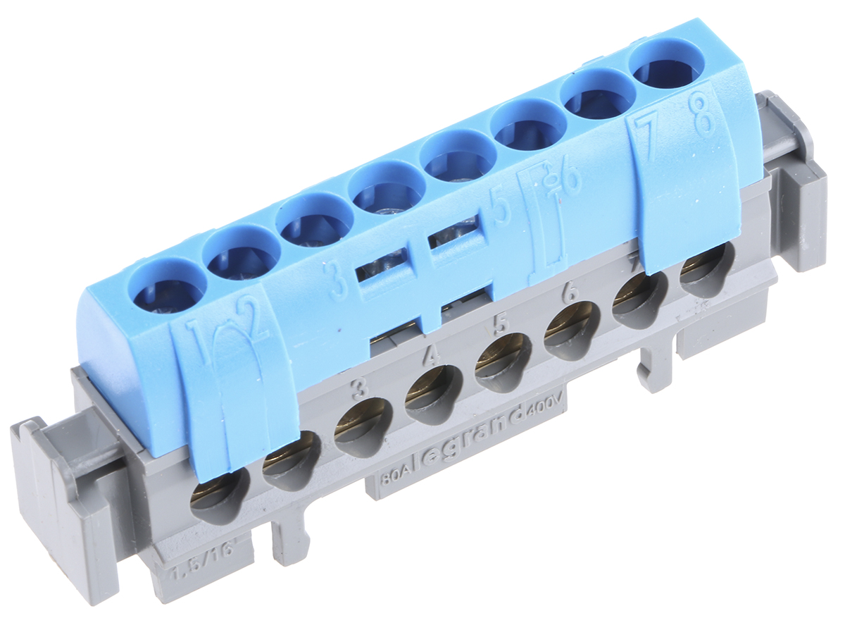 0-048-42 Legrand Distribution Block, 8 Way, 400V ac, 80A, Blue