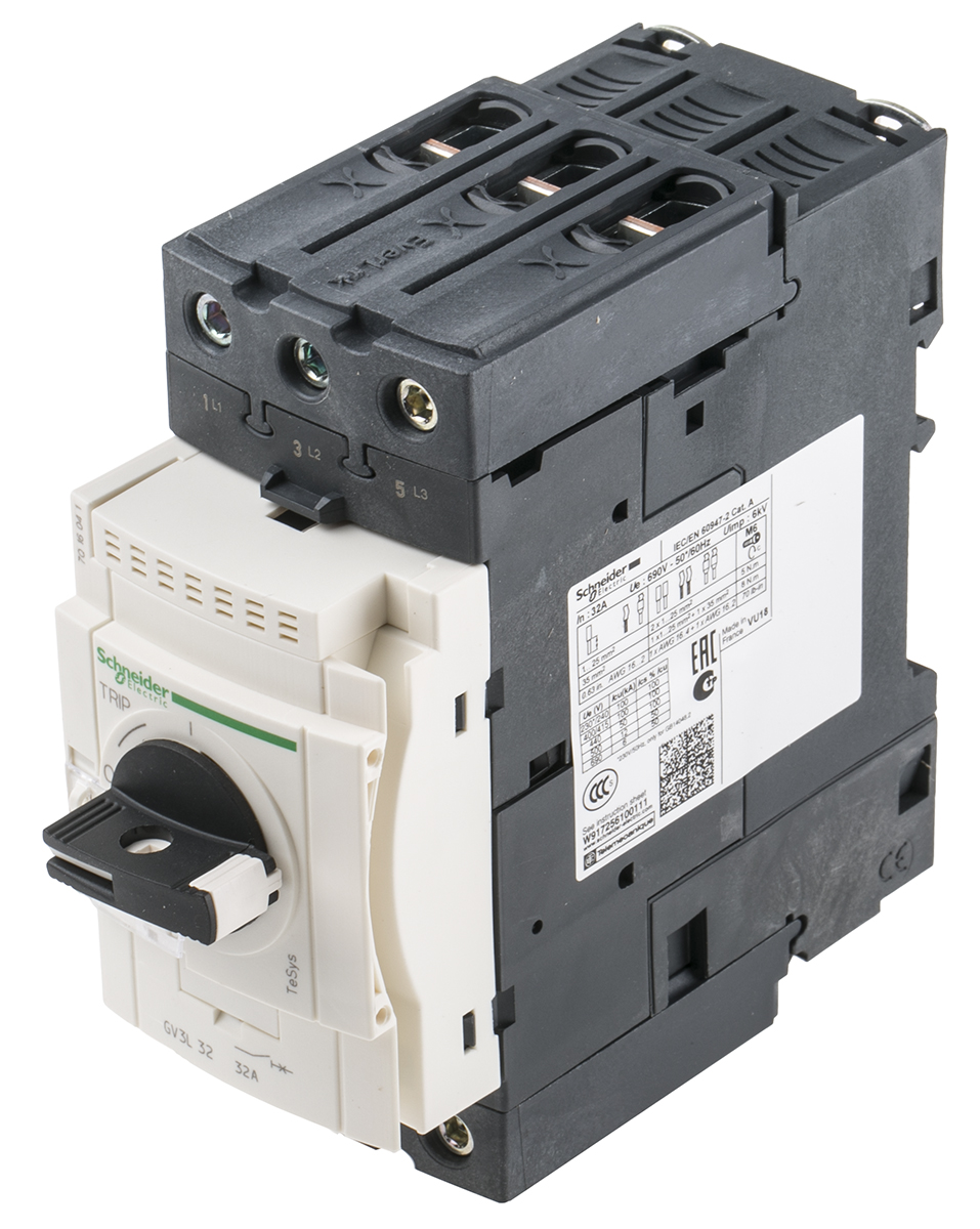 gv3l32 Schneider Electric TeSys Thermal Circuit Breaker - GV3 3 Pole 690V Voltage Rating DIN Rail Mount, 32A Current Rating