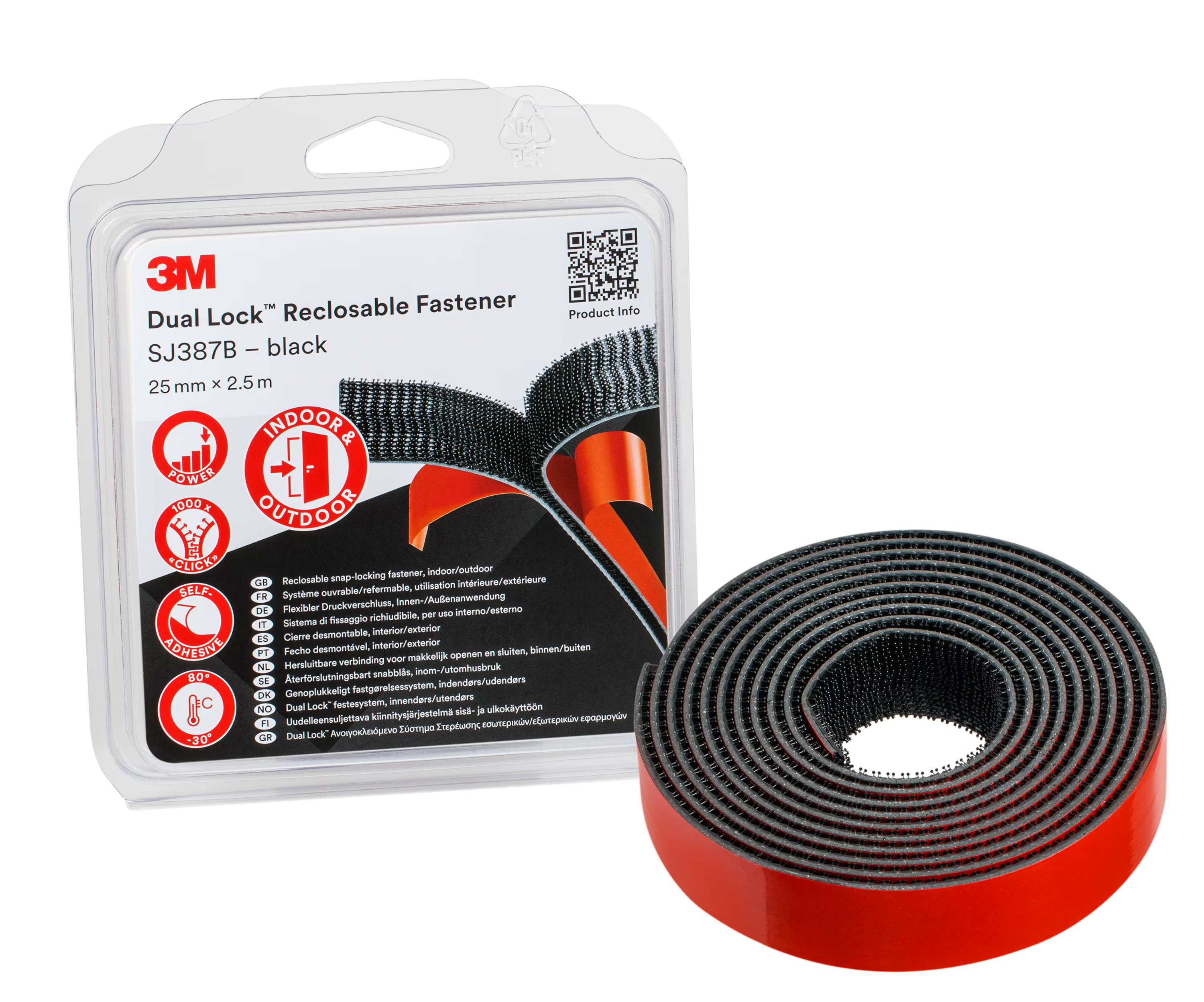 3M Black Hook & Loop Tape, 25mm x 2.5 m
