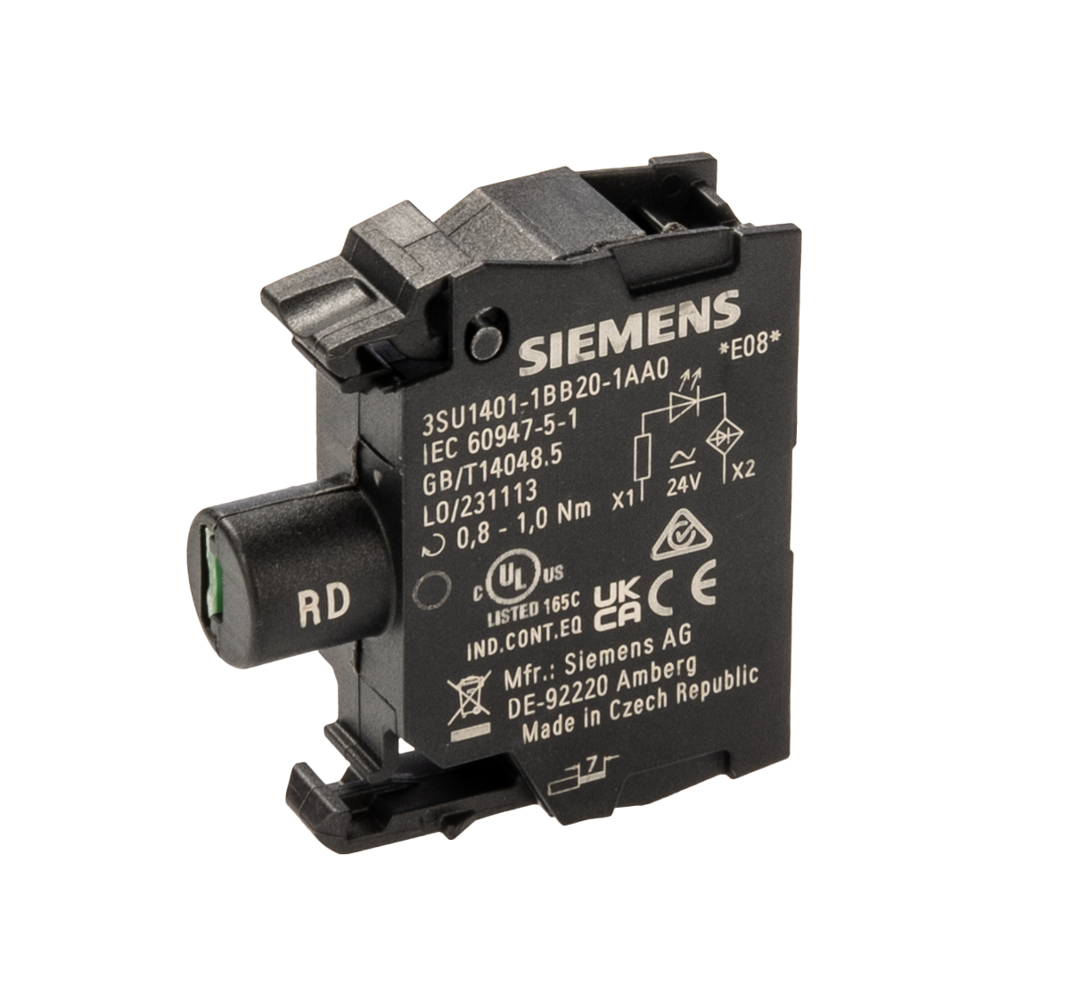 3su1102-6aa20-1aa0 Siemens, 3SU1, Panel Mount Red LED Pilot Light, 22 mm Cutout, IP67, IP69K, IP66, Round, 24V ac/dc