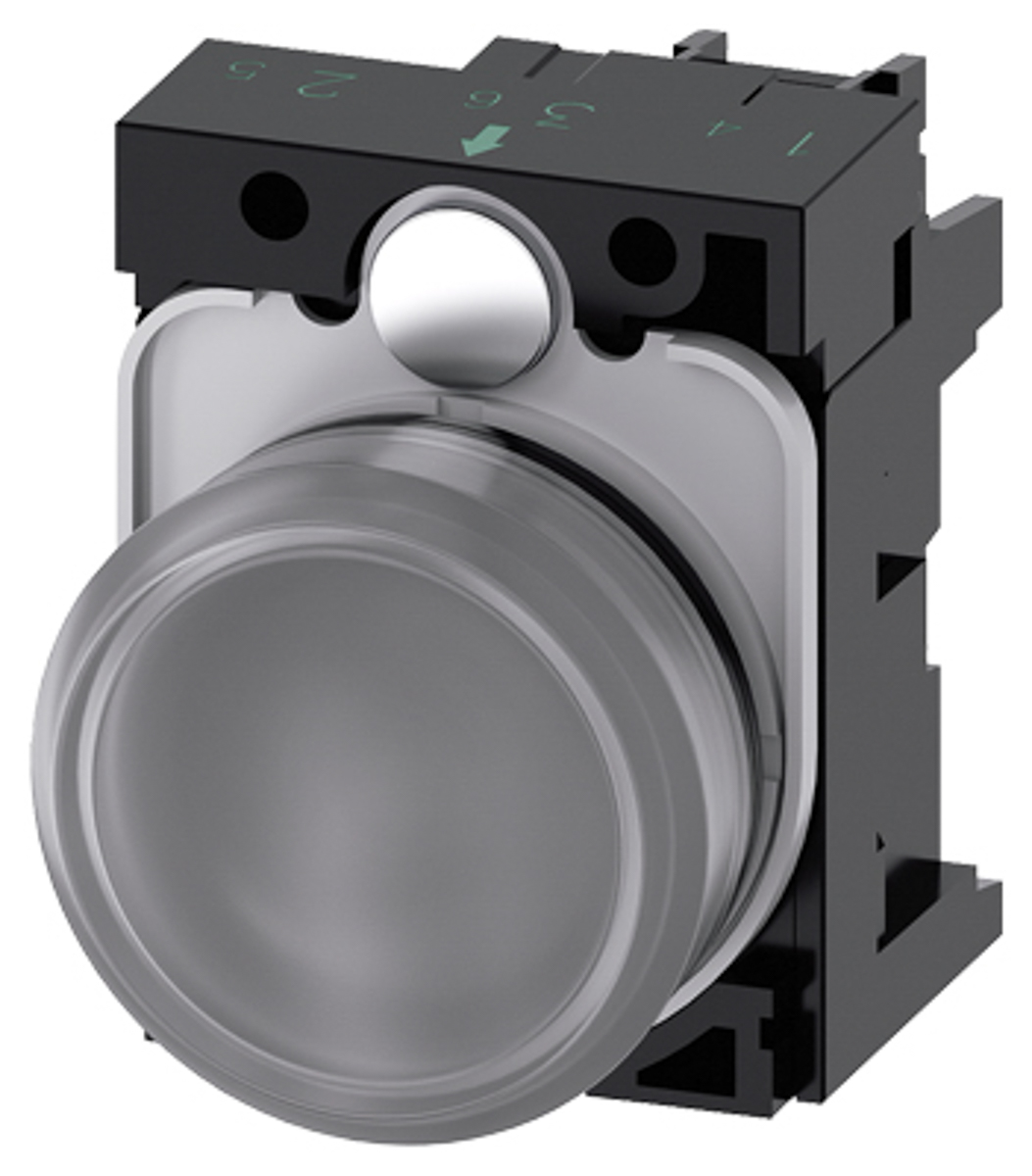 Siemens, SIRIUS ACT 3SU11, Panel Mount Clear LED Pilot Light, 22 mm Cutout, IP20, IP66, IP67, IP69, Round, 230V ac