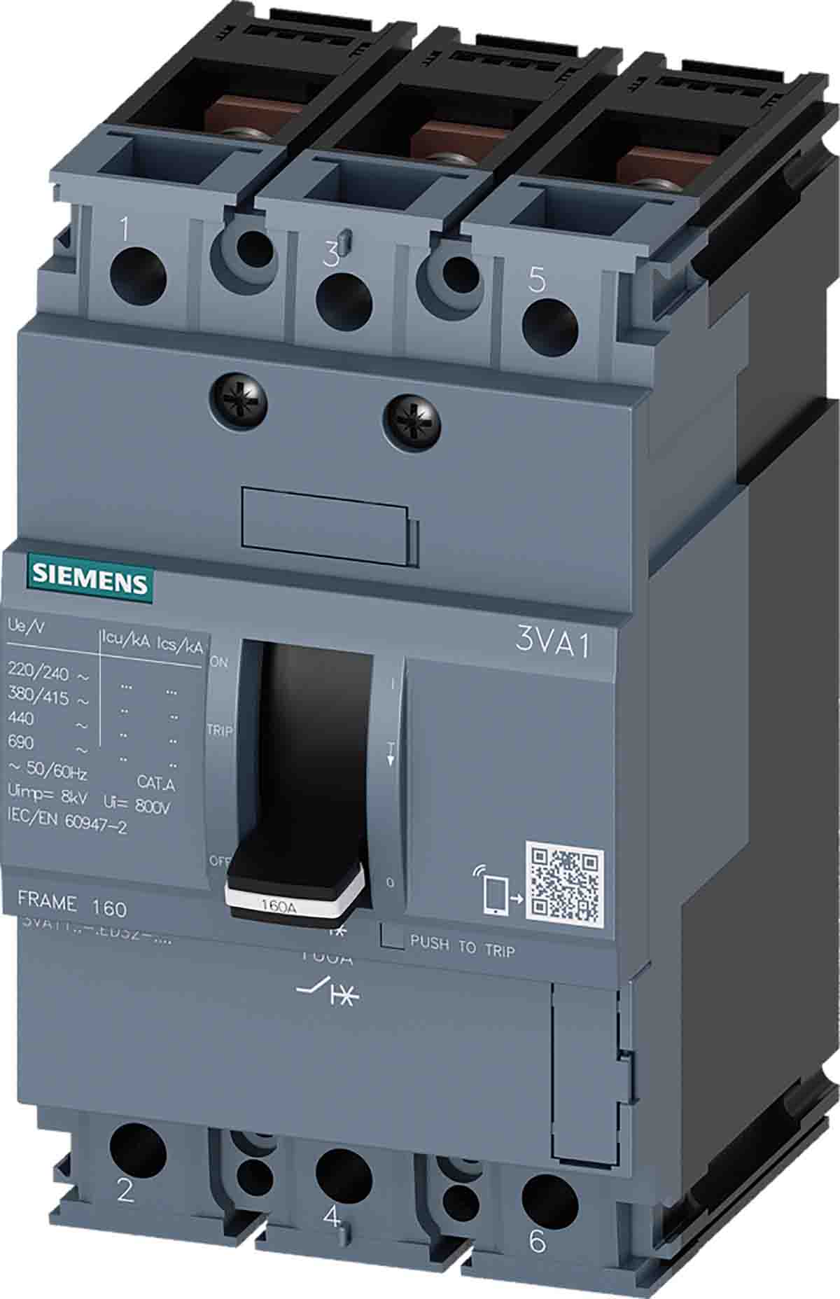 Siemens, 0AA0, 3VA11 Molded Case Circuit Breaker 3-Pole 25A, Breaking Capacity 7 kA, Fixed