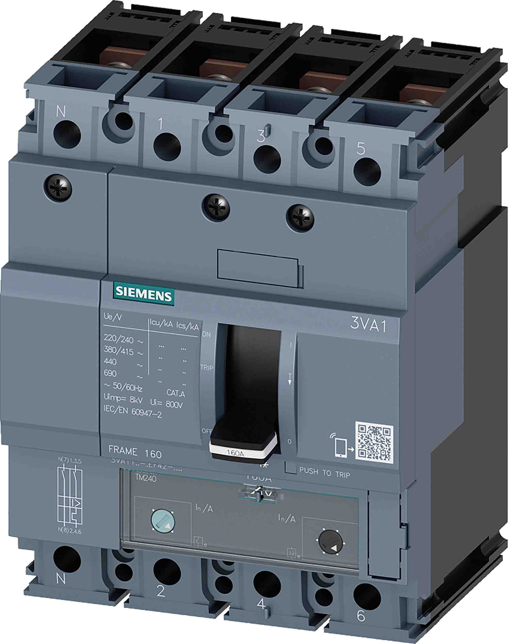 Siemens, 0AA0, 3VA11 Molded Case Circuit Breaker 4-Pole 25A, Breaking Capacity 10 kA, Fixed
