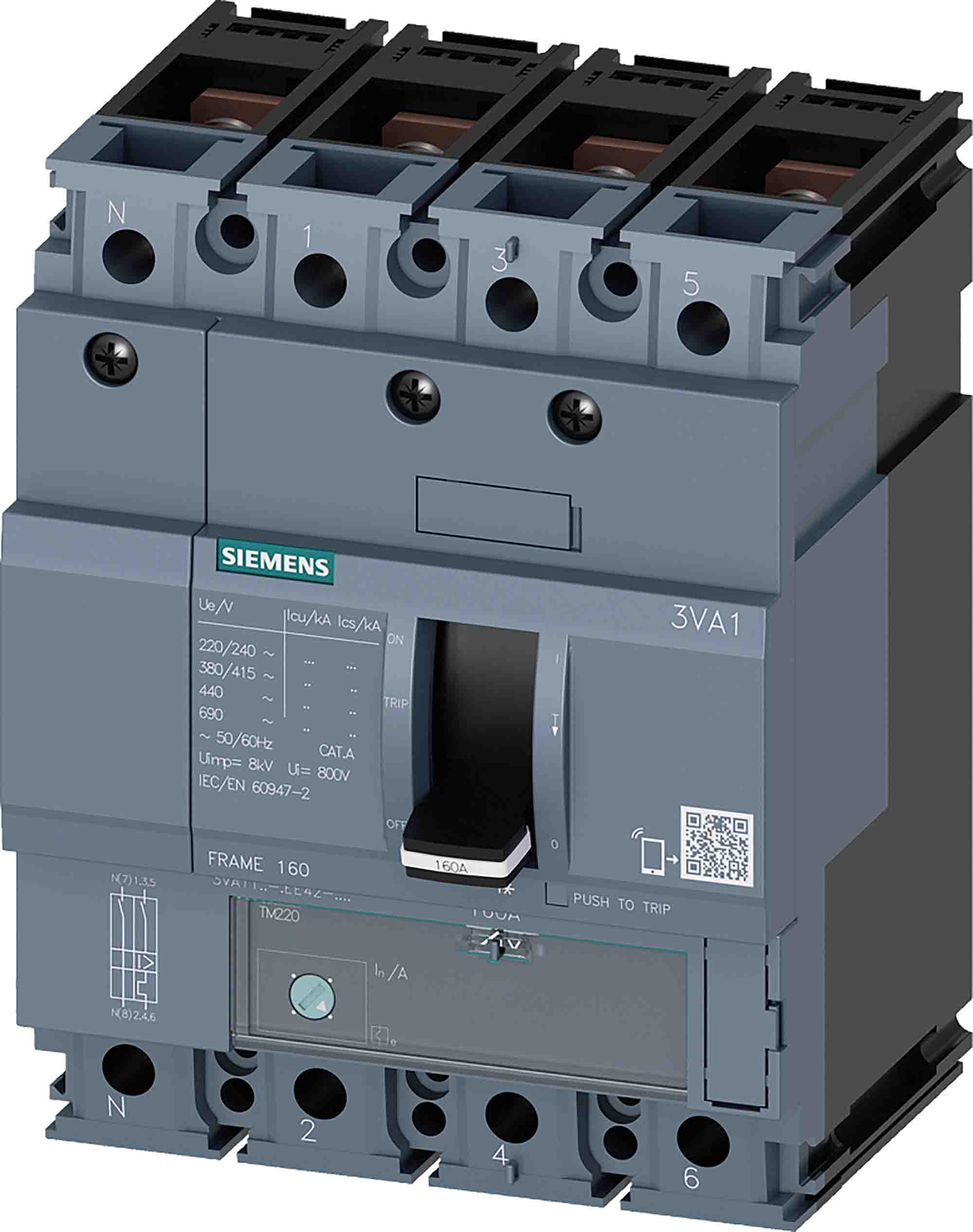 Siemens, 0AA0, 3VA11 Molded Case Circuit Breaker 4-Pole 40A, Breaking Capacity 7 kA, Fixed