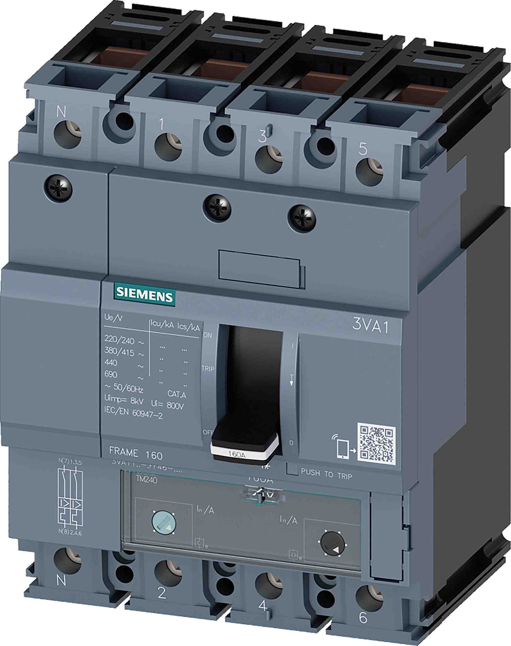 Siemens, 0AA0, 3VA11 Molded Case Circuit Breaker 4-Pole 50A, Breaking Capacity 7 kA, Fixed