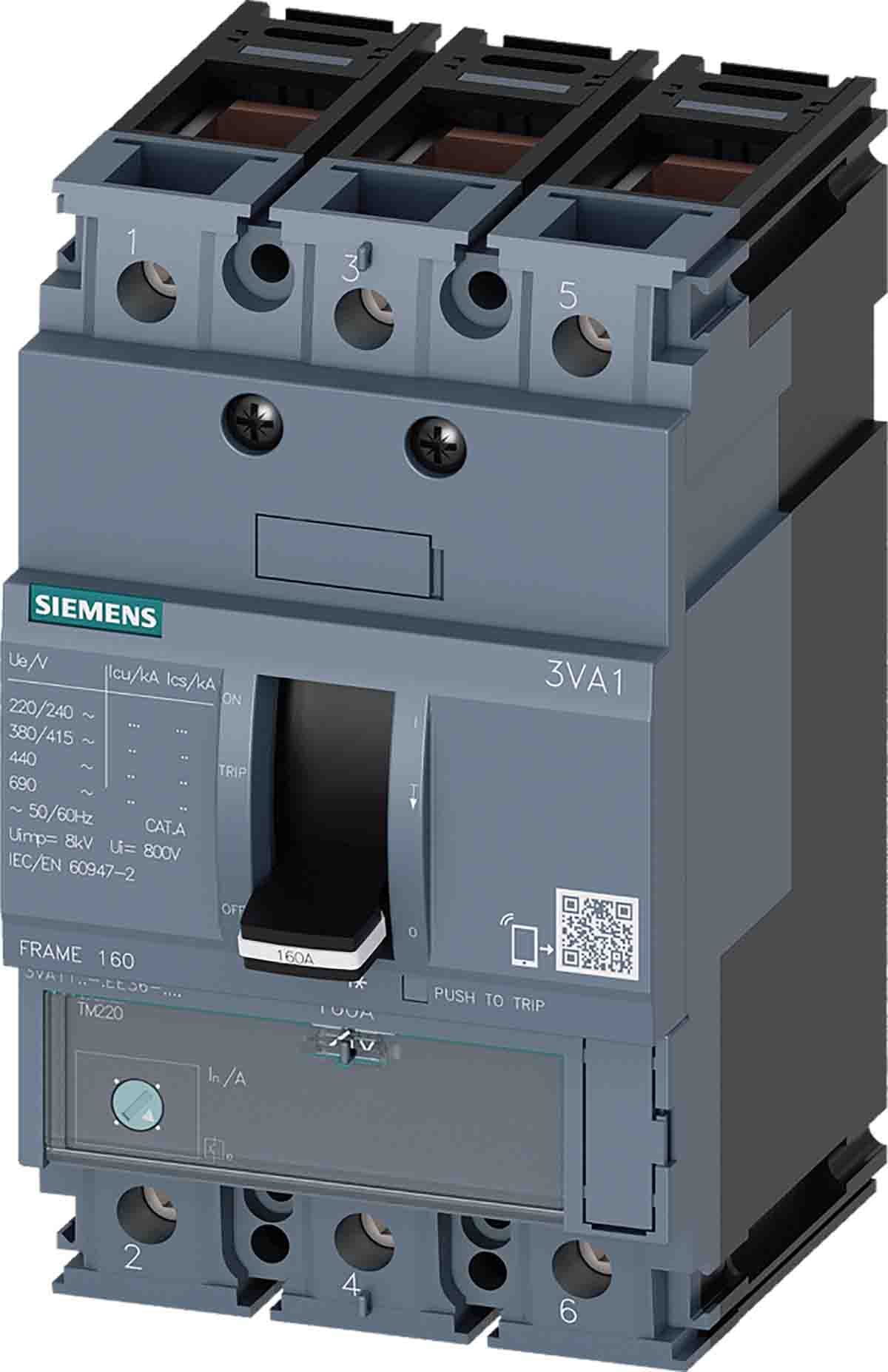 Siemens, 0AA0, 3VA11 Molded Case Circuit Breaker 4-Pole 63A, Breaking Capacity 10 kA, Fixed