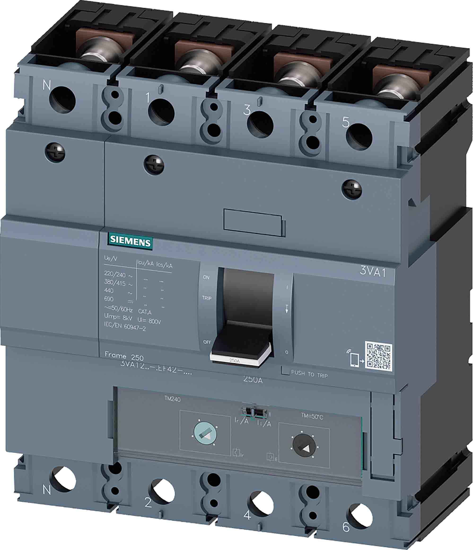 Siemens, 0AA0, 3VA12 Molded Case Circuit Breaker 4-Pole 200A, Breaking Capacity 10 kA, Fixed