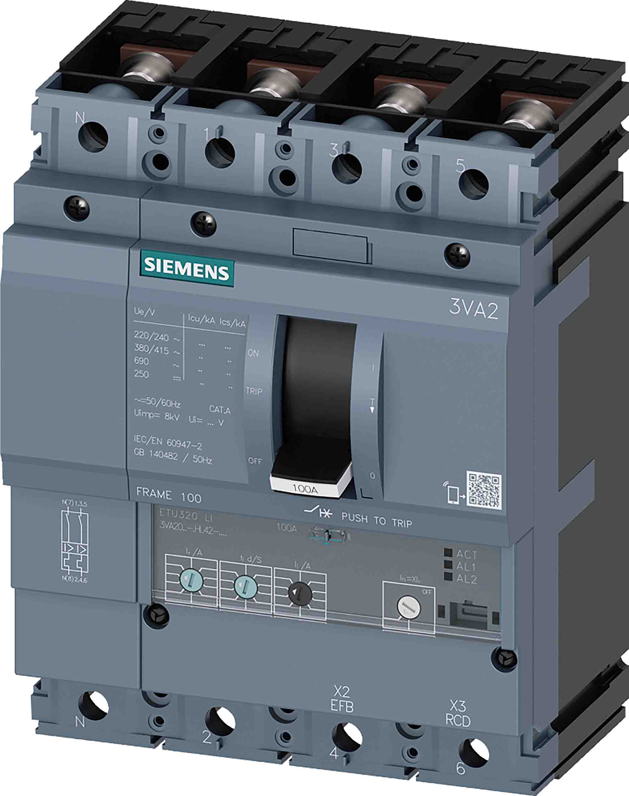 Siemens, 0AA0, 3VA20 Molded Case Circuit Breaker 4-Pole 100A, Breaking Capacity 2 kA, Fixed